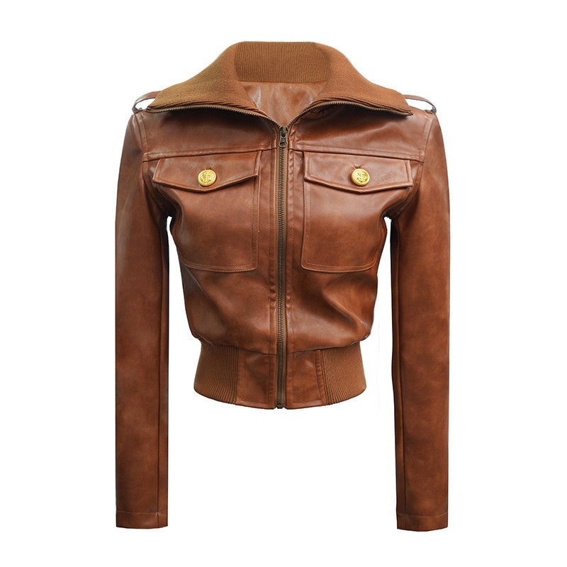 Thick Cotton Padded British Slim Fit Convertible Collar Women Cropped Zip Jacket