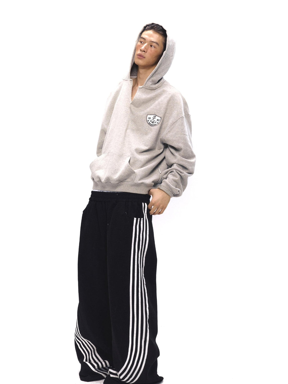V-Neck Anchor Embroidered Hooded Sweatshirt