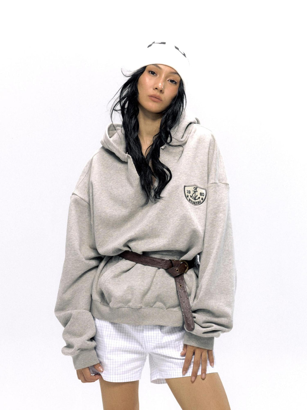V-Neck Anchor Embroidered Hooded Sweatshirt
