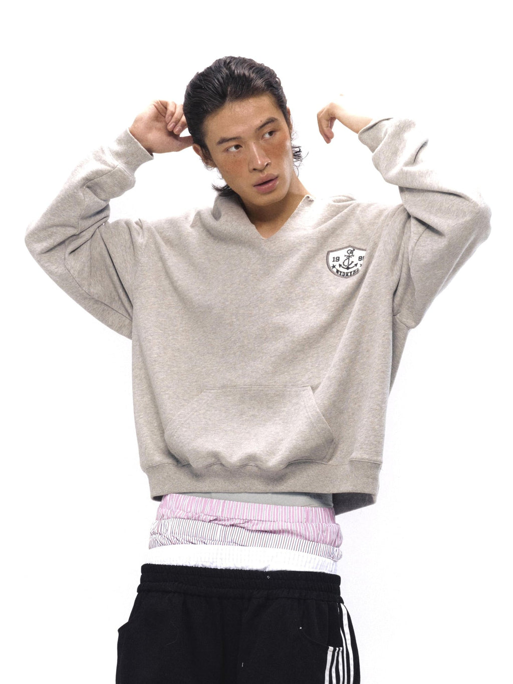 V-Neck Anchor Embroidered Hooded Sweatshirt