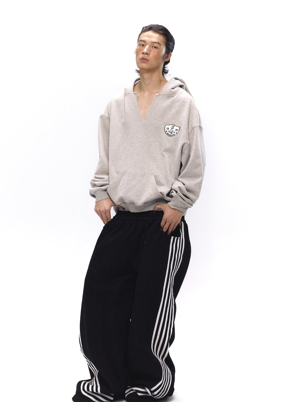 V-Neck Anchor Embroidered Hooded Sweatshirt