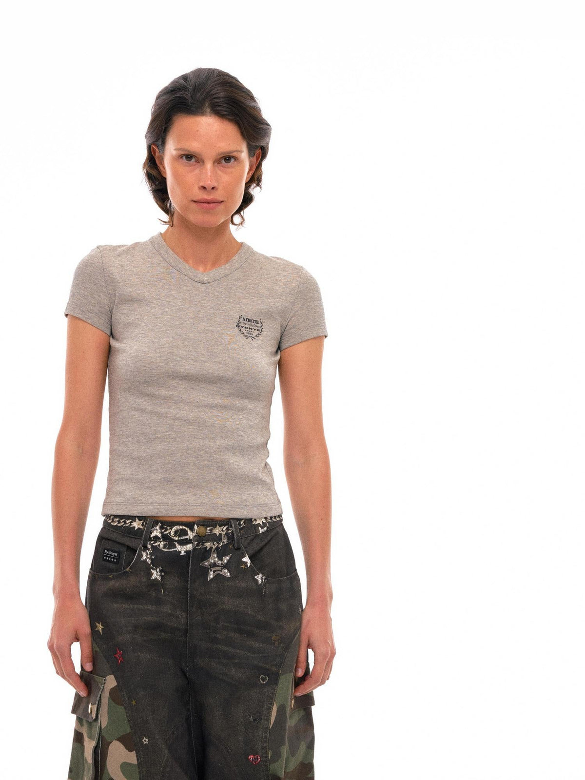 V-Neck Fitted Cotton T-Shirt with Back Seam and Logo Print