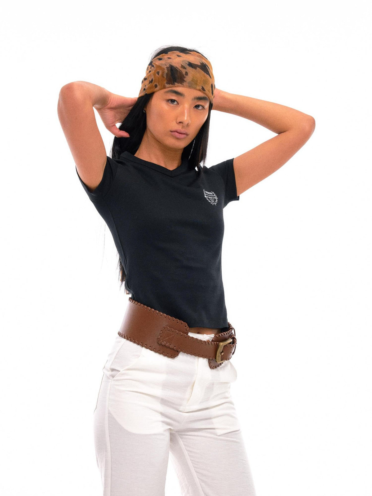 V-Neck Fitted Cotton T-Shirt with Back Seam and Logo Print