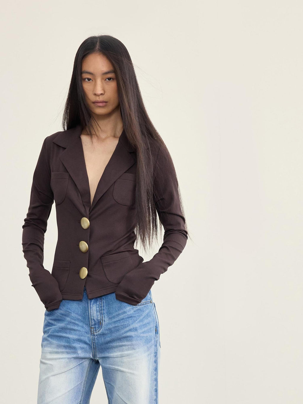 V-Neck Ribbed Modal Knit Top With Gold Buttons And Gathered Cuffs