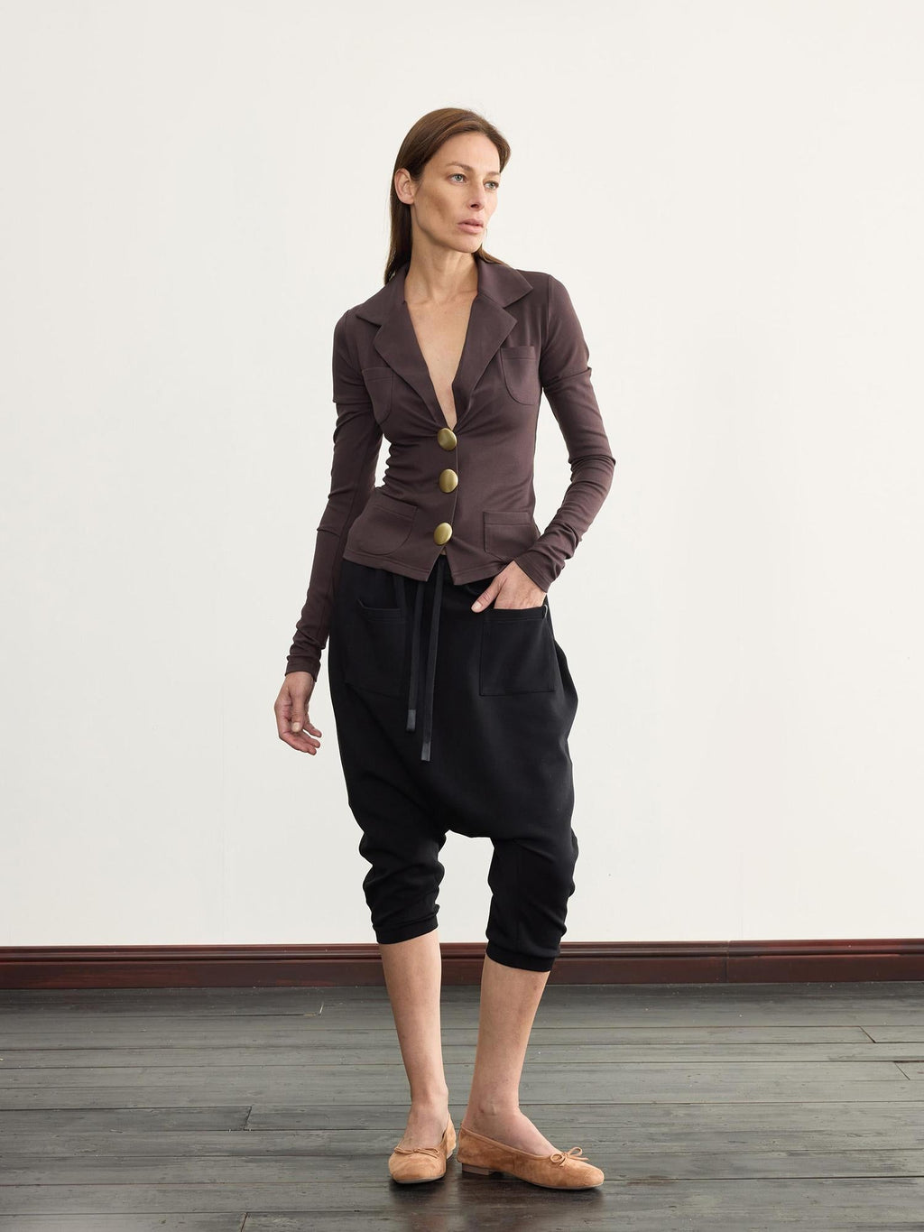 V-Neck Ribbed Modal Knit Top With Gold Buttons And Gathered Cuffs