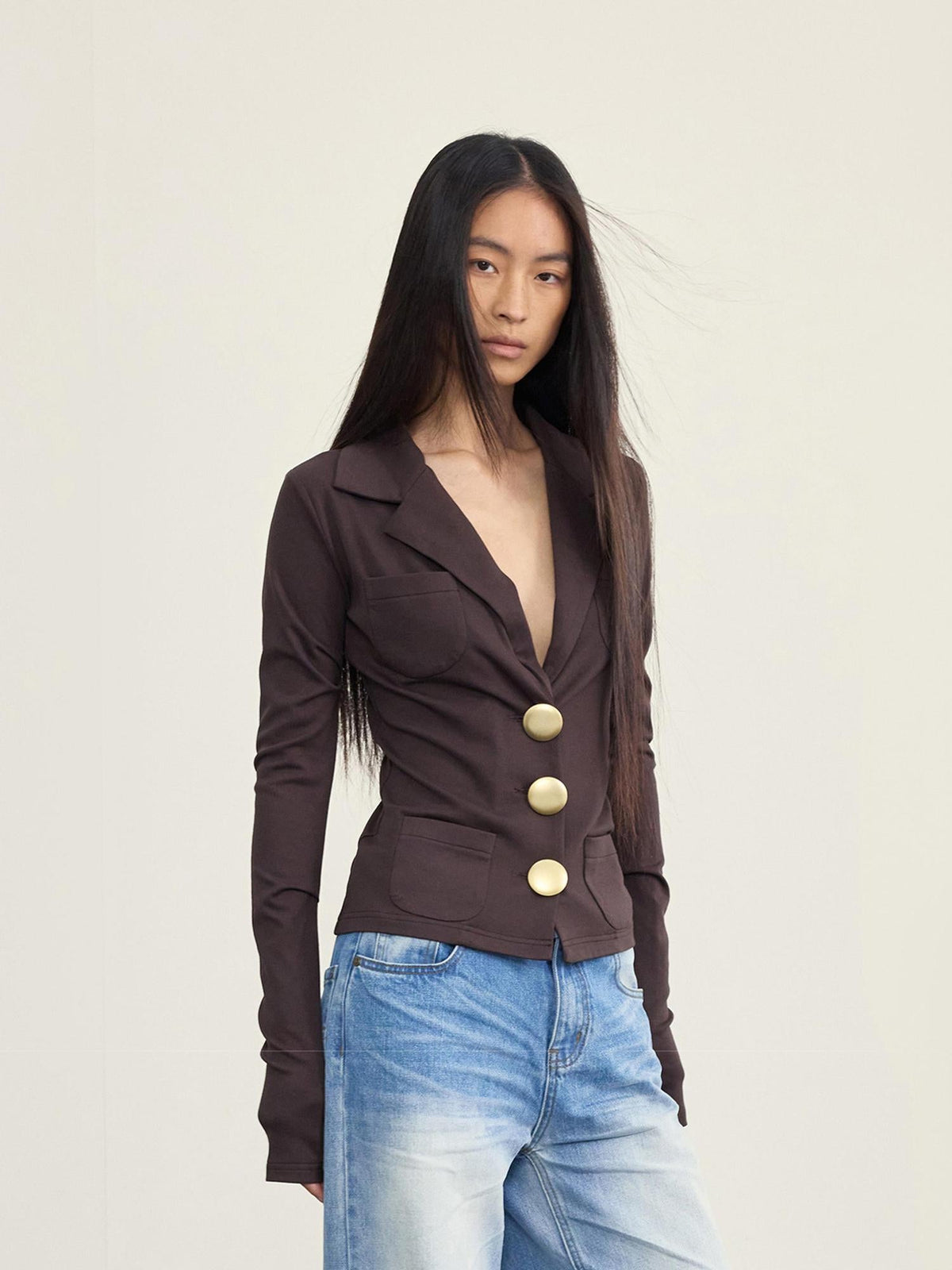 V-Neck Ribbed Modal Knit Top With Gold Buttons And Gathered Cuffs