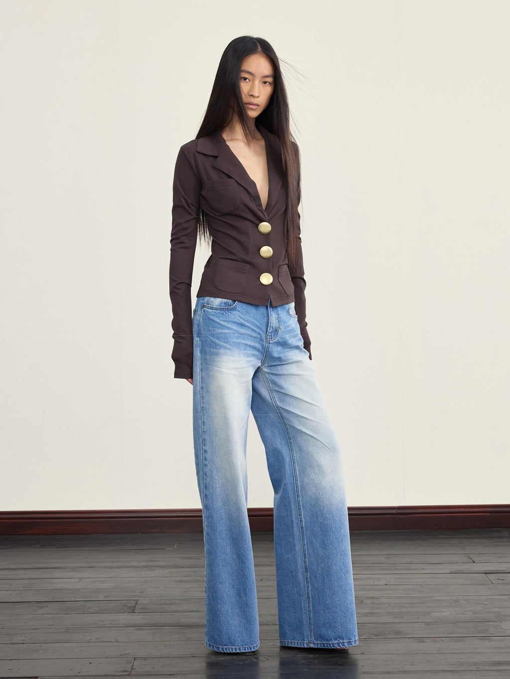V-Neck Ribbed Modal Knit Top With Gold Buttons And Gathered Cuffs