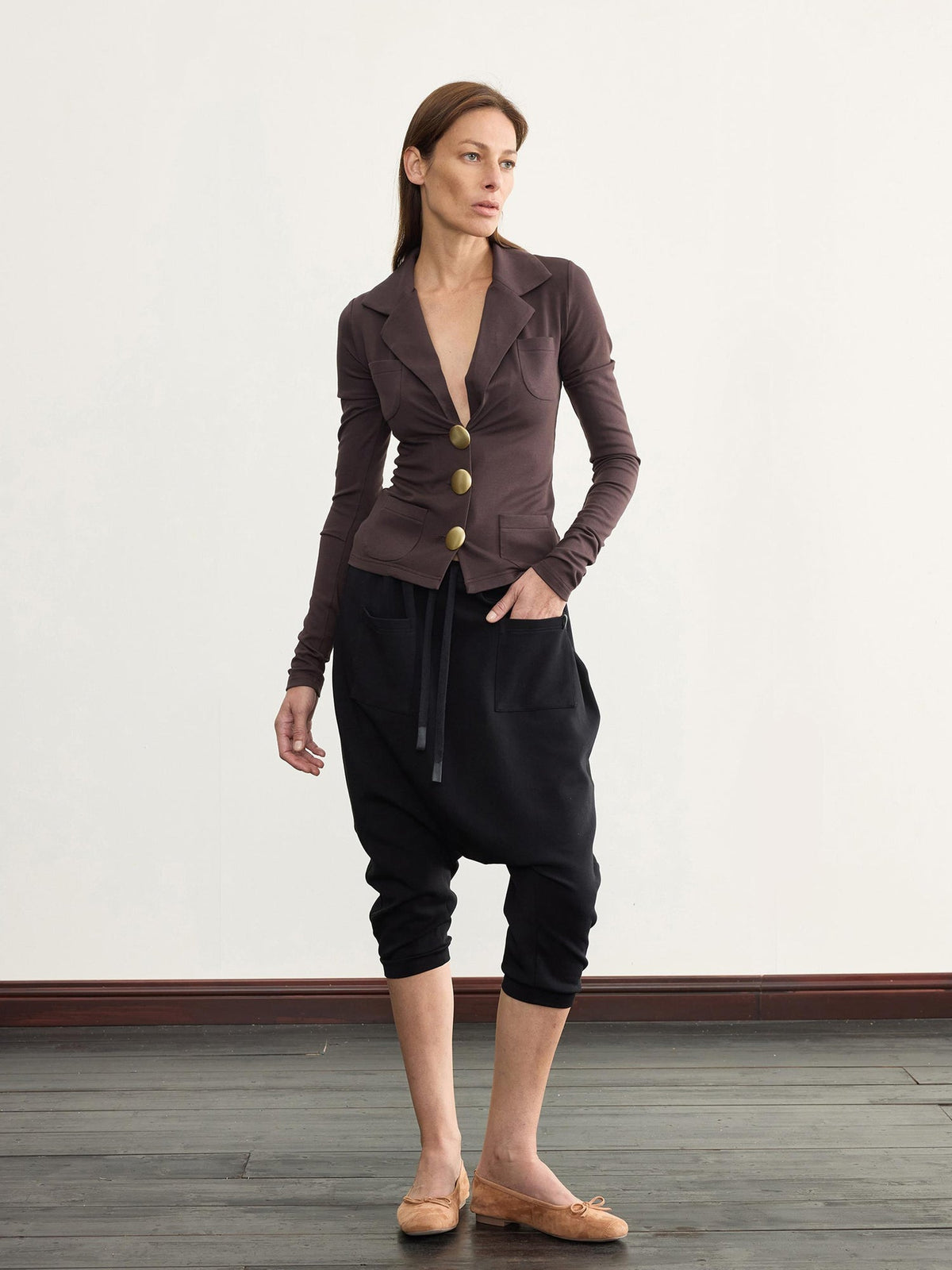 V-Neck Ribbed Modal Knit Top With Gold Buttons And Gathered Cuffs
