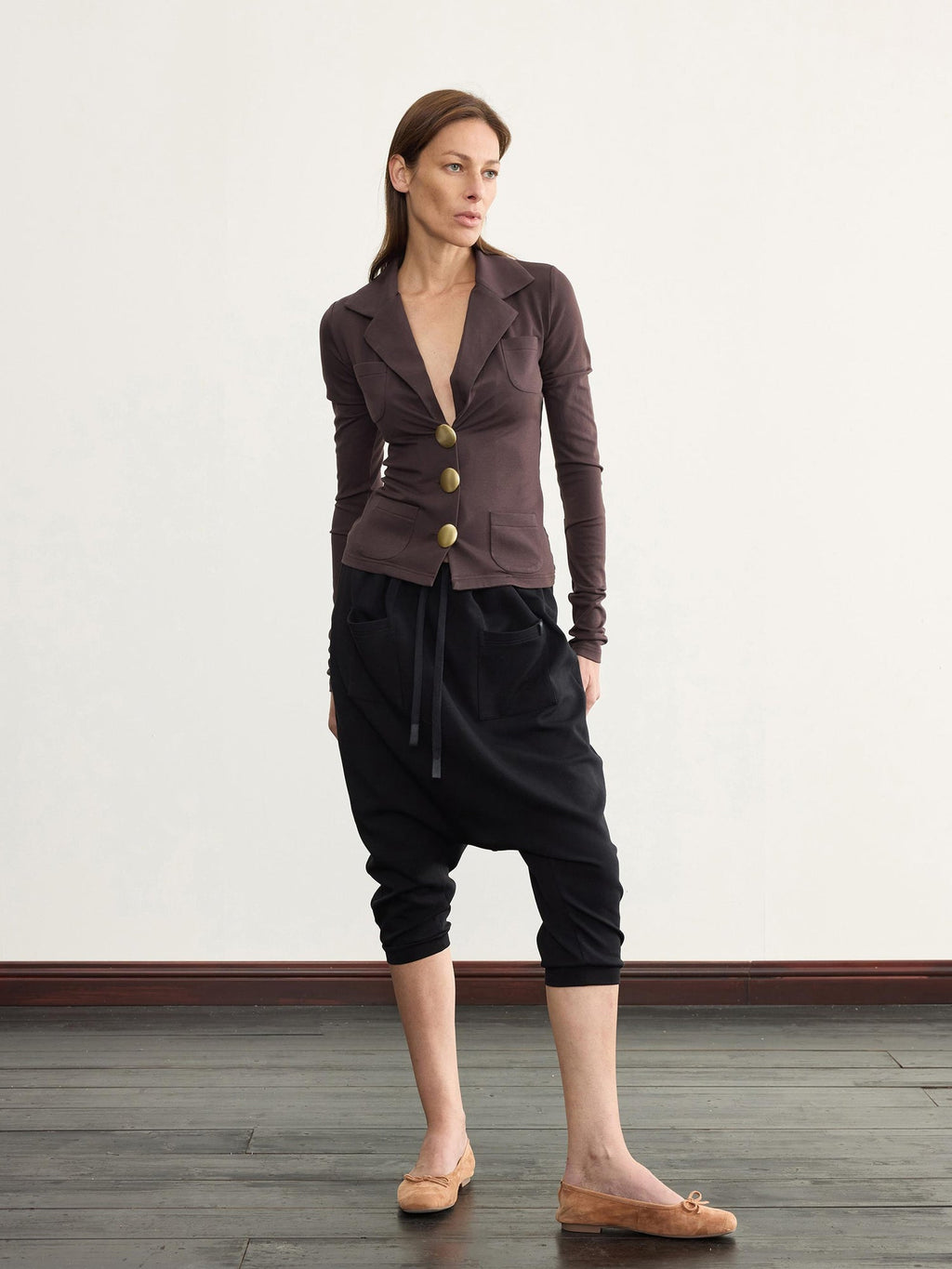V-Neck Ribbed Modal Knit Top With Gold Buttons And Gathered Cuffs
