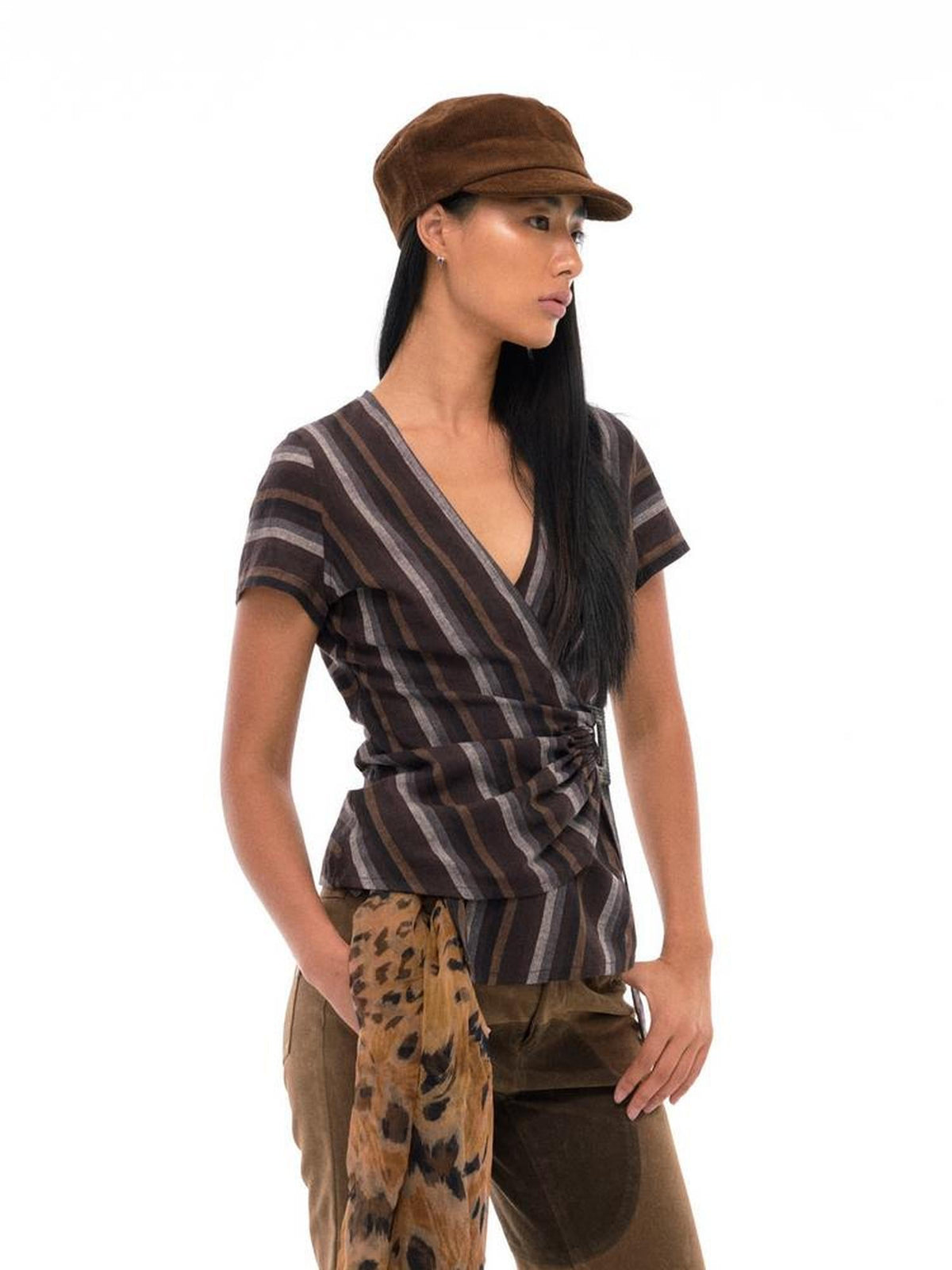 V-Neck Wrap Linen Blend Cropped Tee