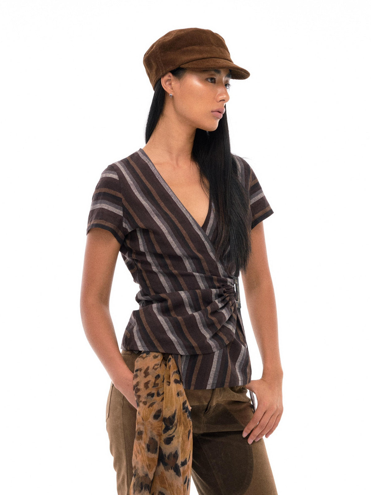V-Neck Wrap Linen Blend Cropped Tee