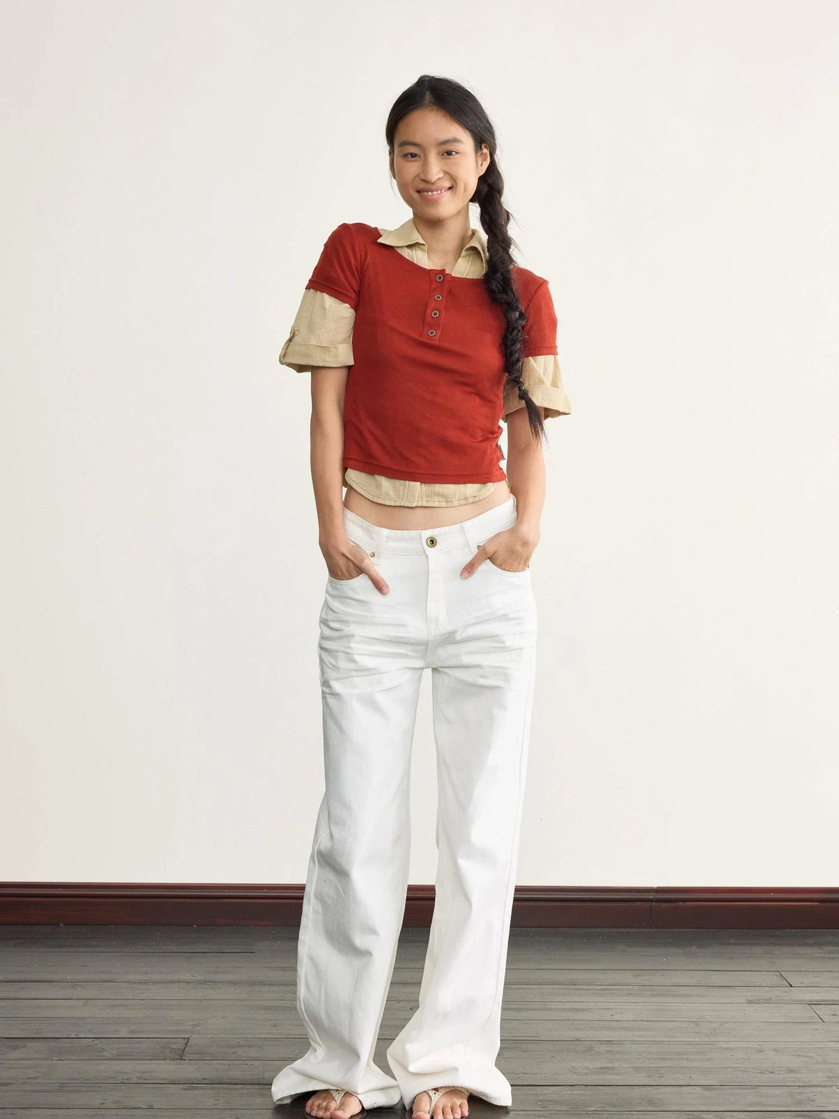 V-neck Linen Blend ShorT-shirt with Wood Buttons & Topstitch