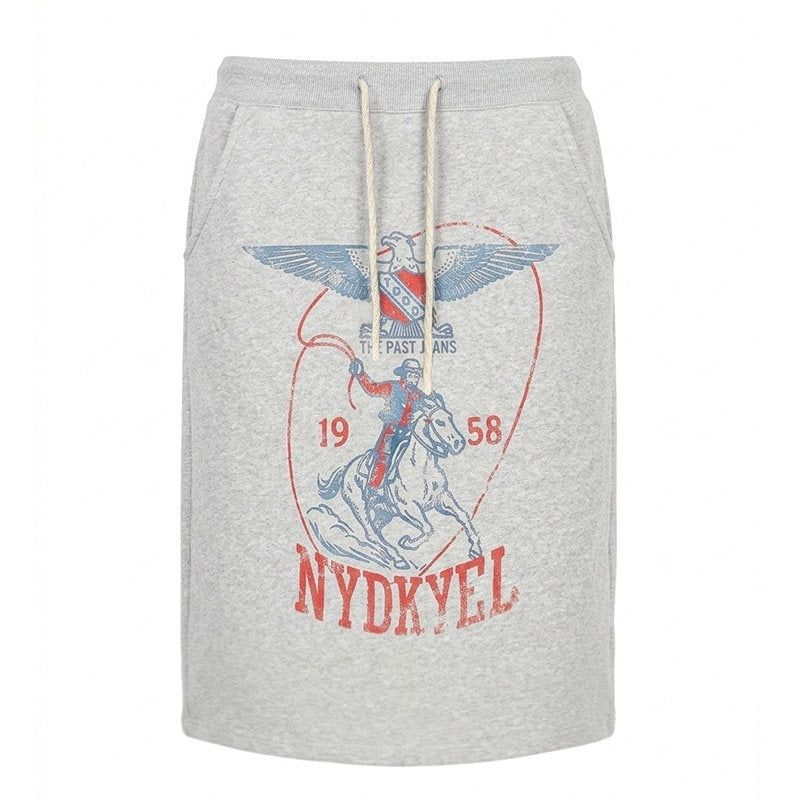 Vintage British Badge Knight Print Drawstring H Line Women's Cotton Midi Skirts