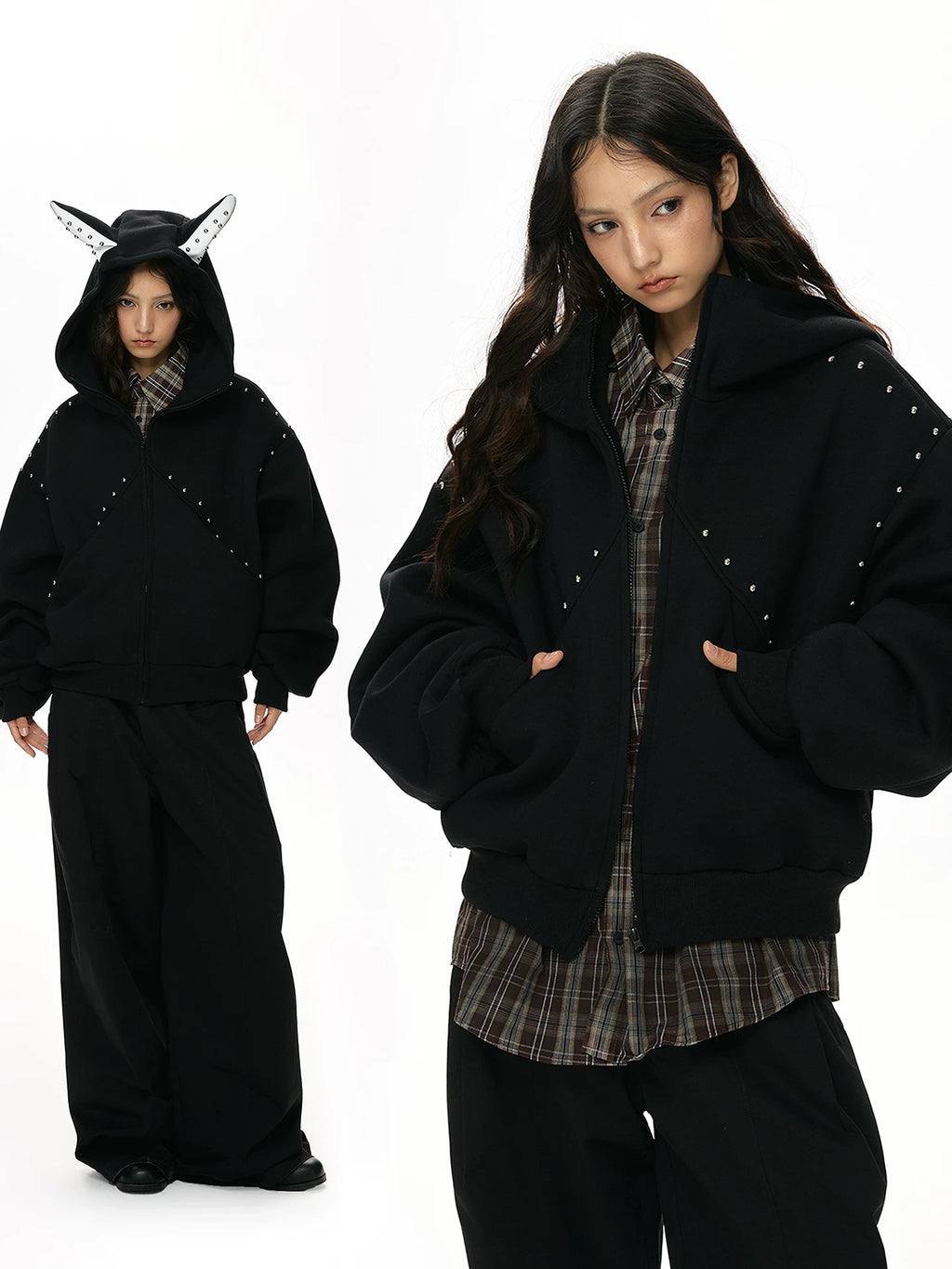 VATTY | RETRO RIVET HOODIE CARDIGAN【ID:TN00204】