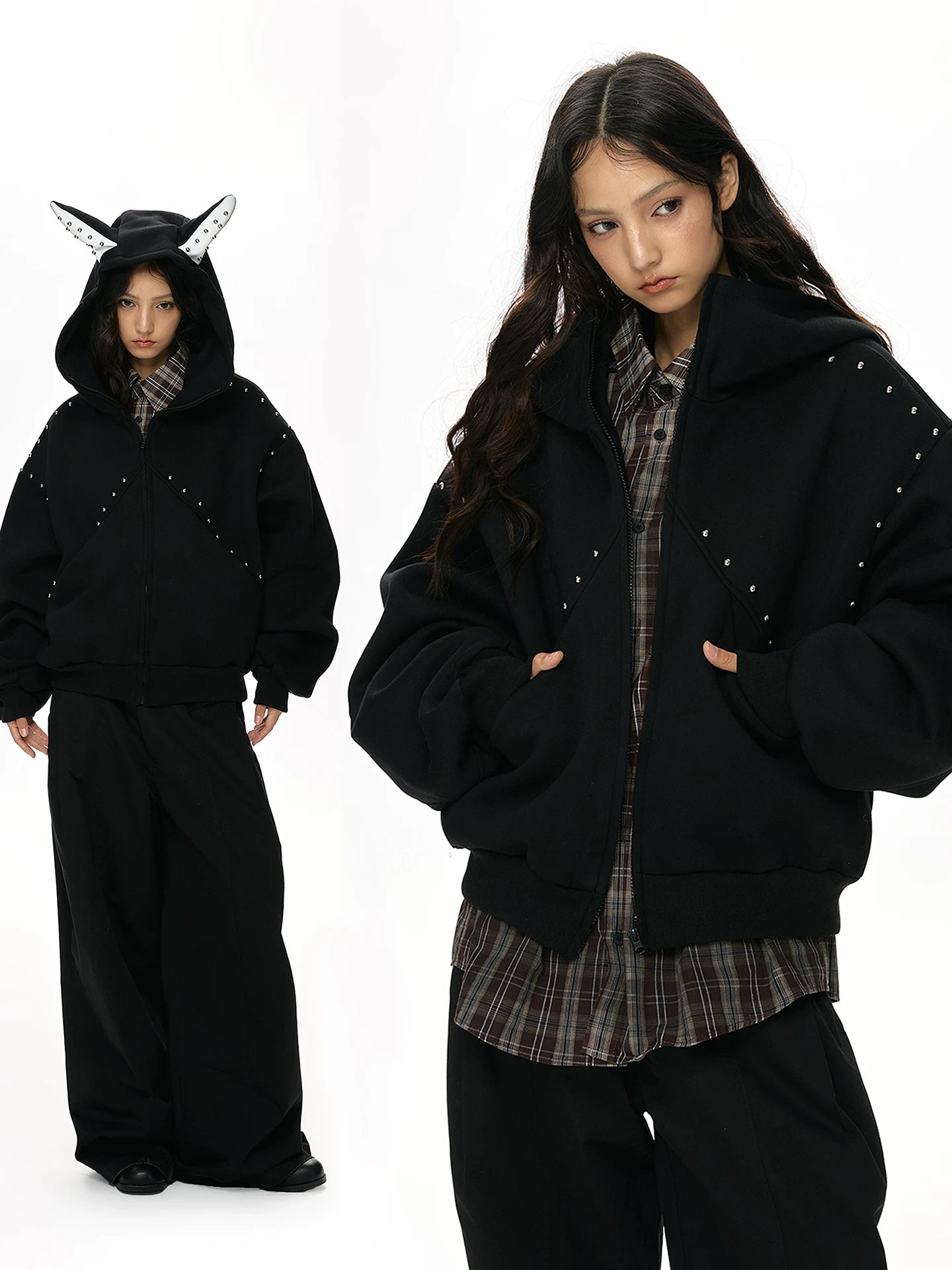 VATTY | RETRO RIVET HOODIE CARDIGAN【ID:TN00204】
