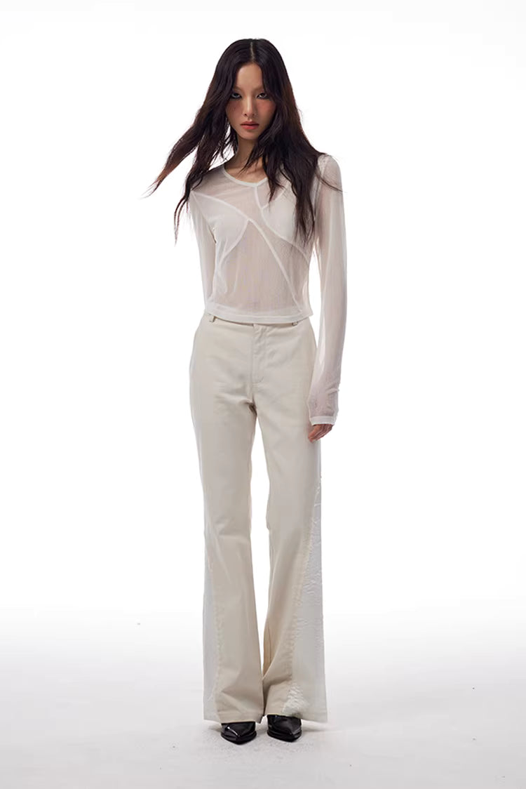 Geometric Seamed Sheer Mesh Long-Sleeve Top in Black Ink or White