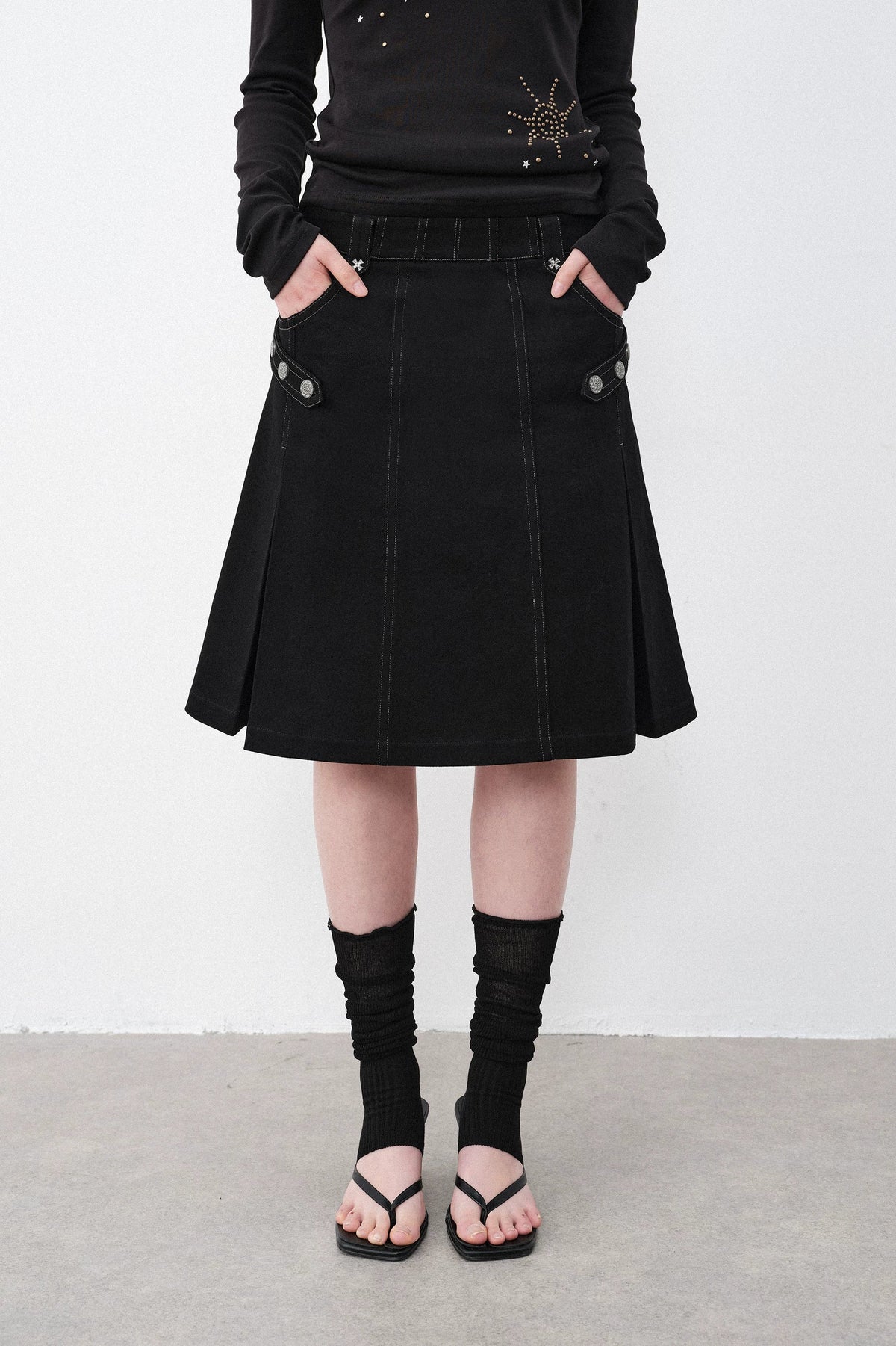 Silver Hardware Pleated Midi-Skirt