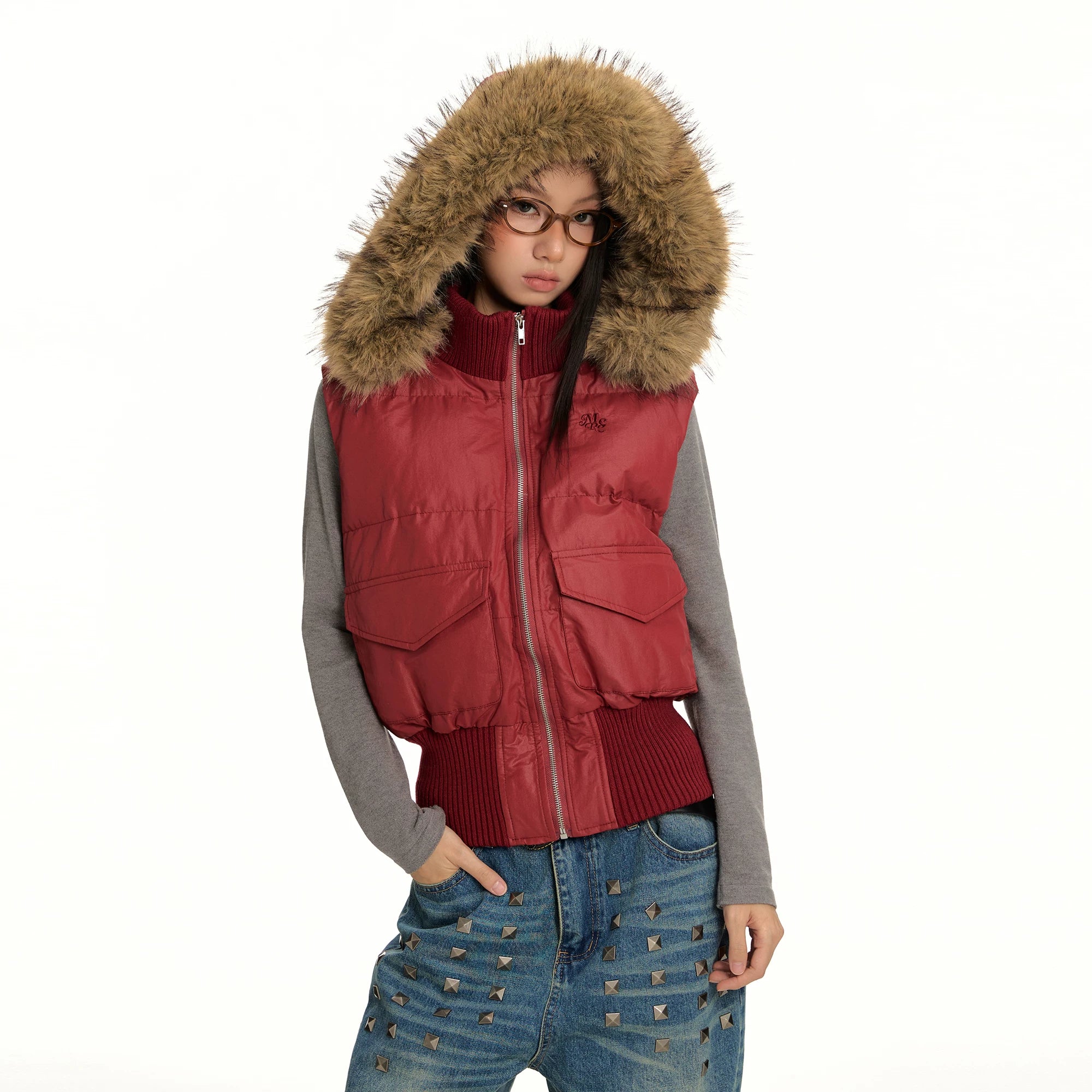 FUR COLLAR VINTAGE VEST JACKET