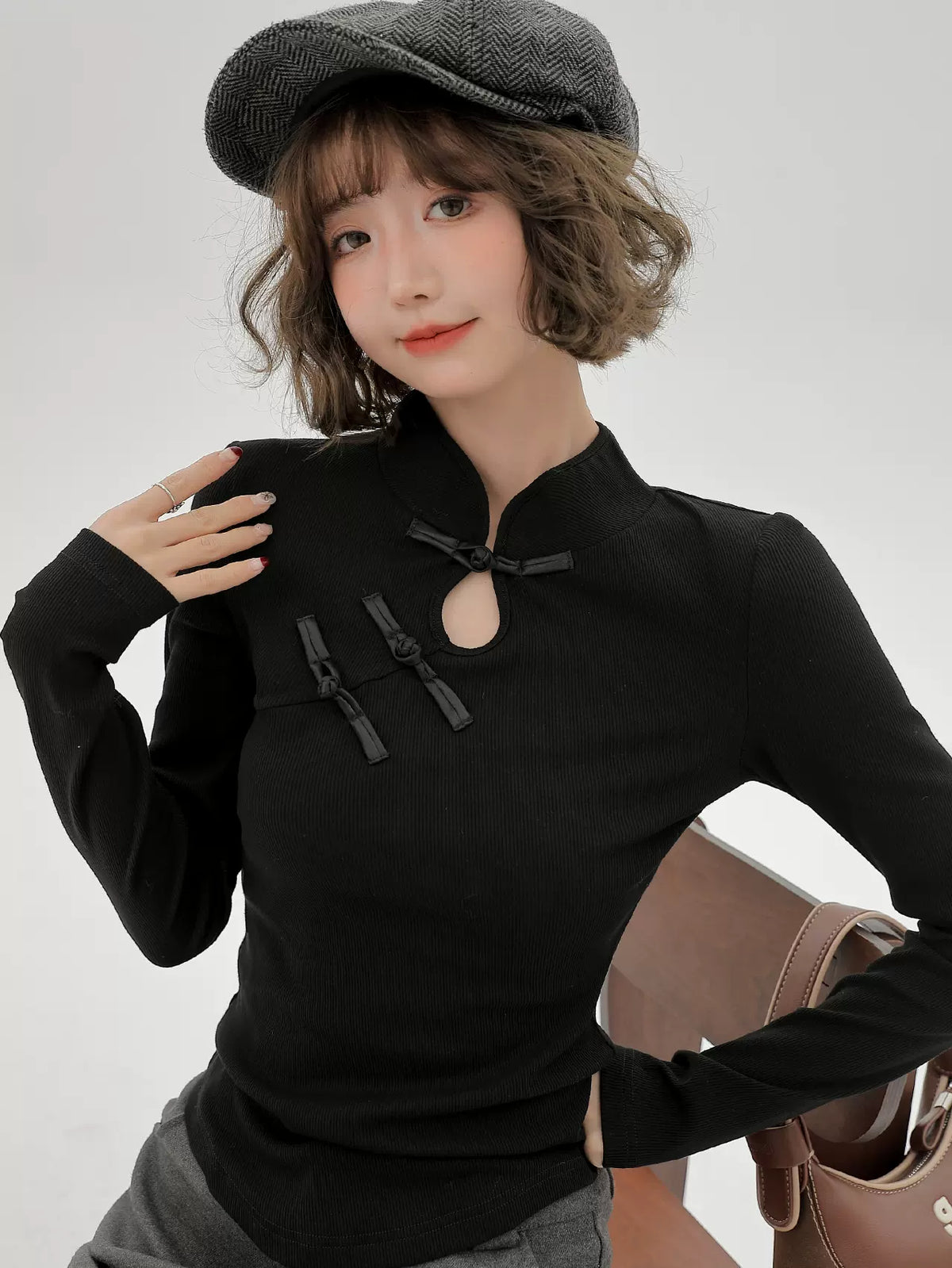 チャイナスタンドカラーブラックロンT