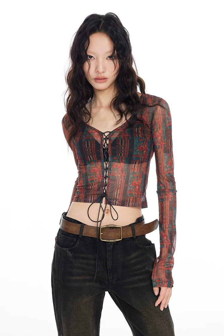 Tapestry Lace-Up Mesh Top