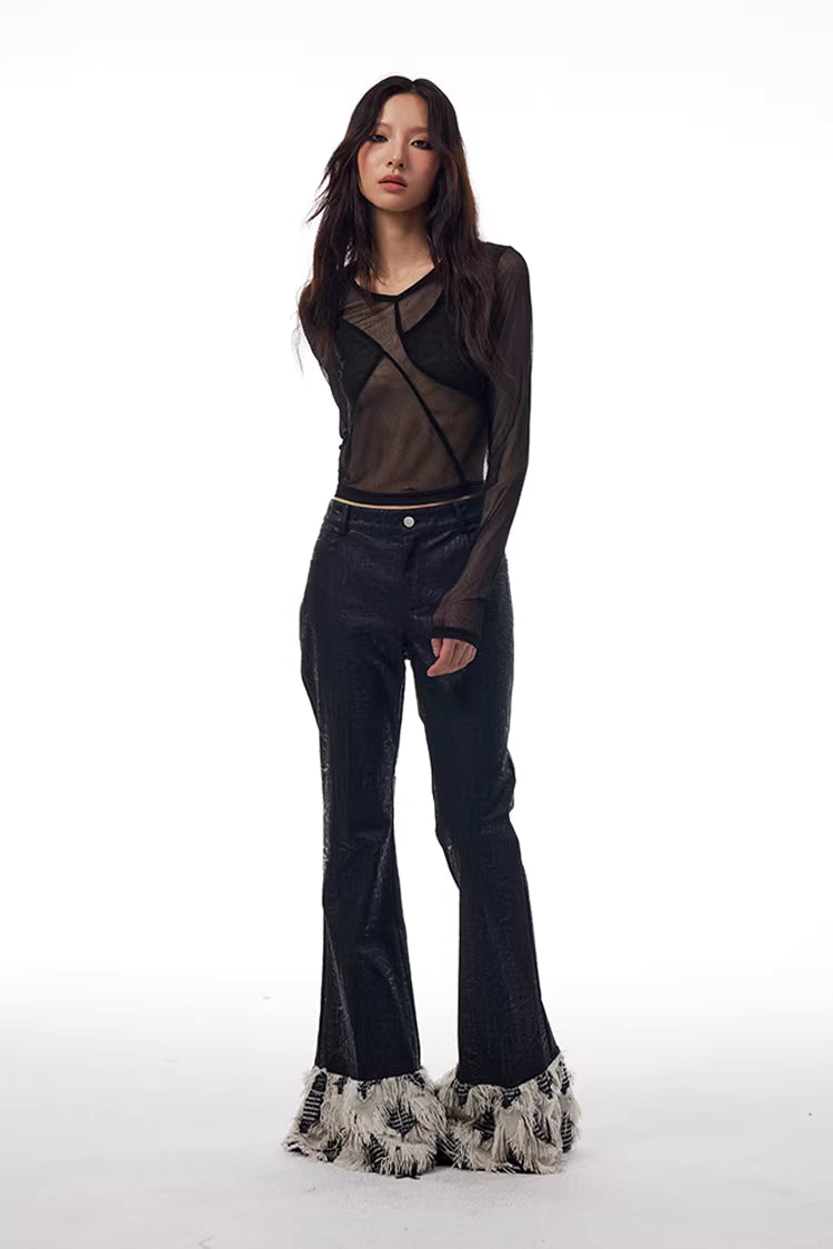 Geometric Seamed Sheer Mesh Long-Sleeve Top in Black Ink or White