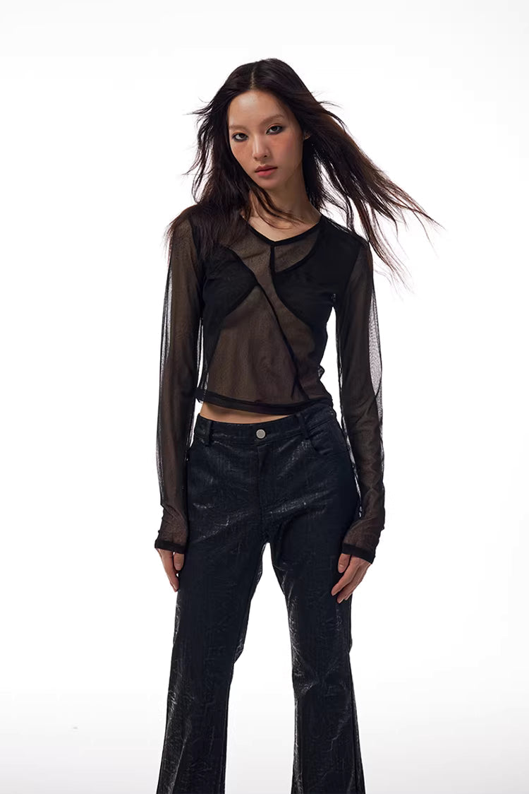Geometric Seamed Sheer Mesh Long-Sleeve Top in Black Ink or White