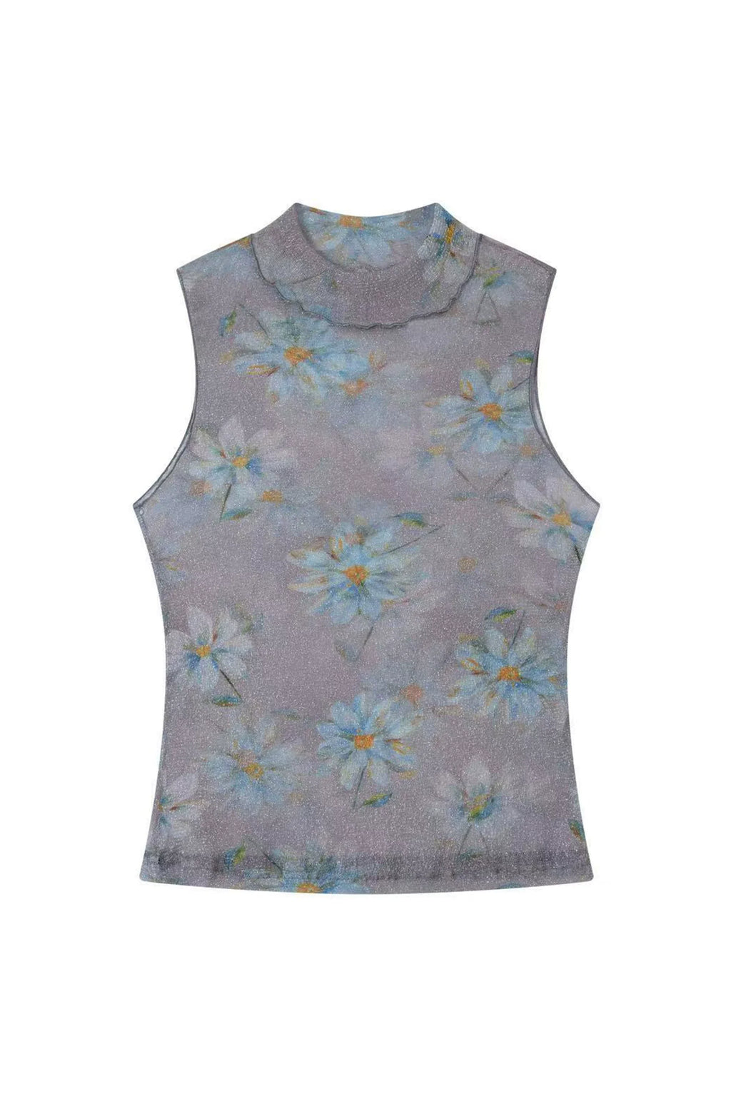 Floral Shimmer Mesh Mock Neck Tank