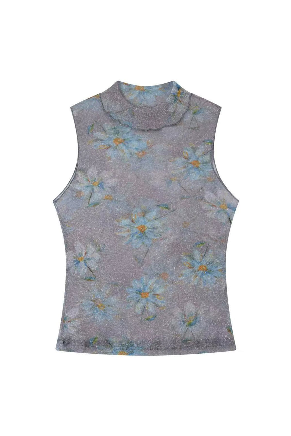 Floral Shimmer Mesh Mock Neck Tank