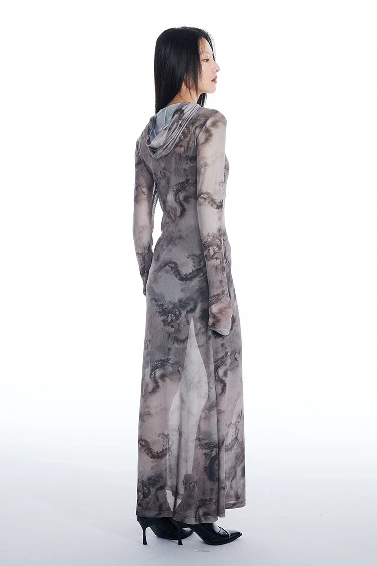 Dragon Veil Hooded Mesh Maxi Dress