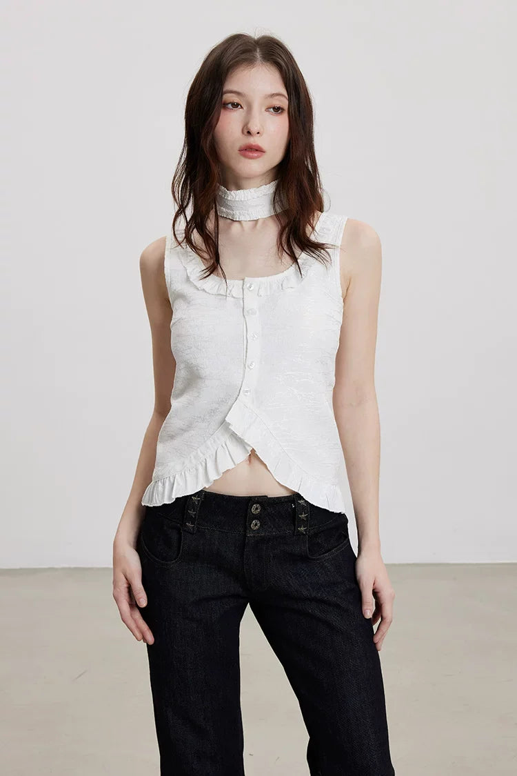 Washed Brocade Ruffle Choker Top