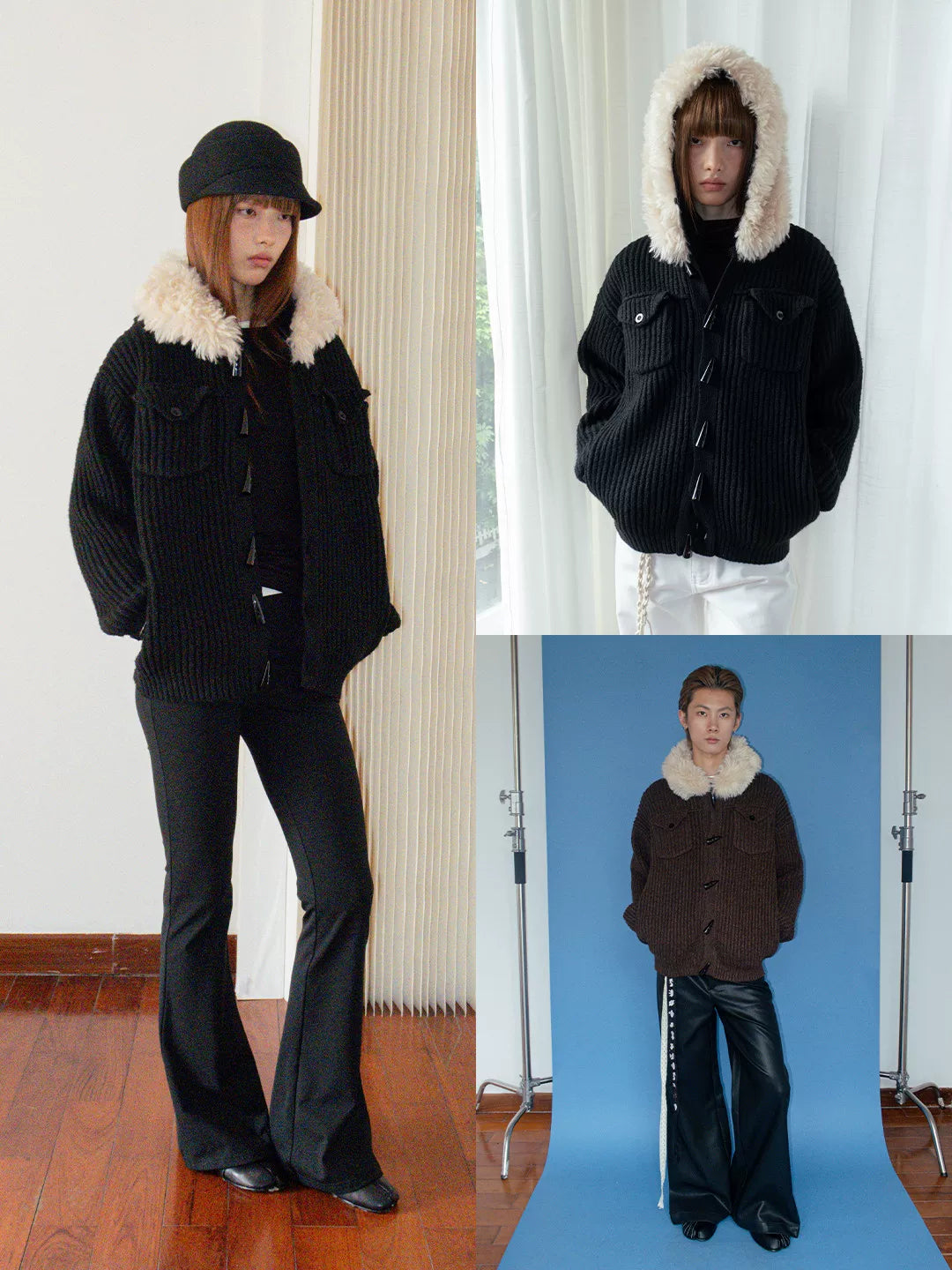 FUNKYFUN | FUNKY KNIT SWEATER COAT WITH FUR COLLAR【ID:TN00172】