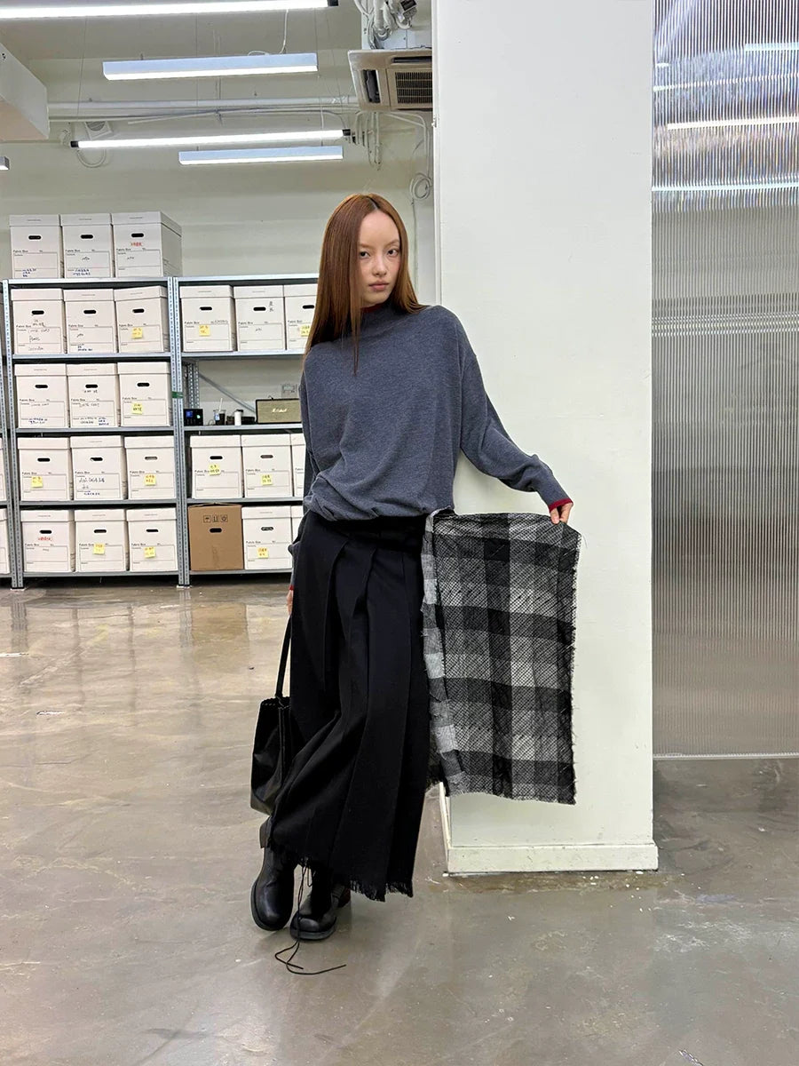 Plaid Tassel Long-line Skirt