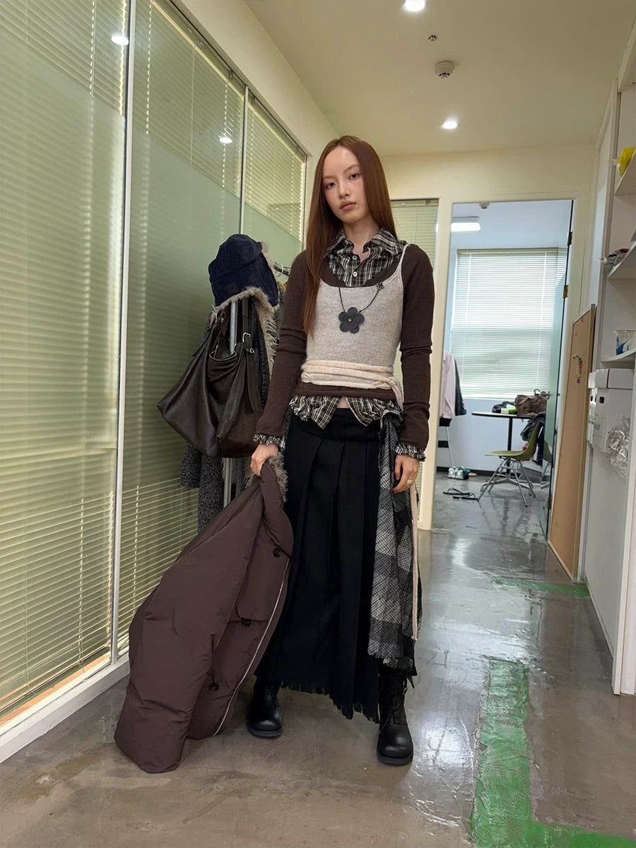 Plaid Tassel Long-line Skirt