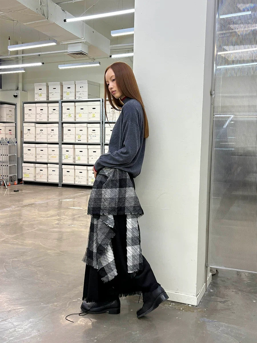 Plaid Tassel Long-line Skirt