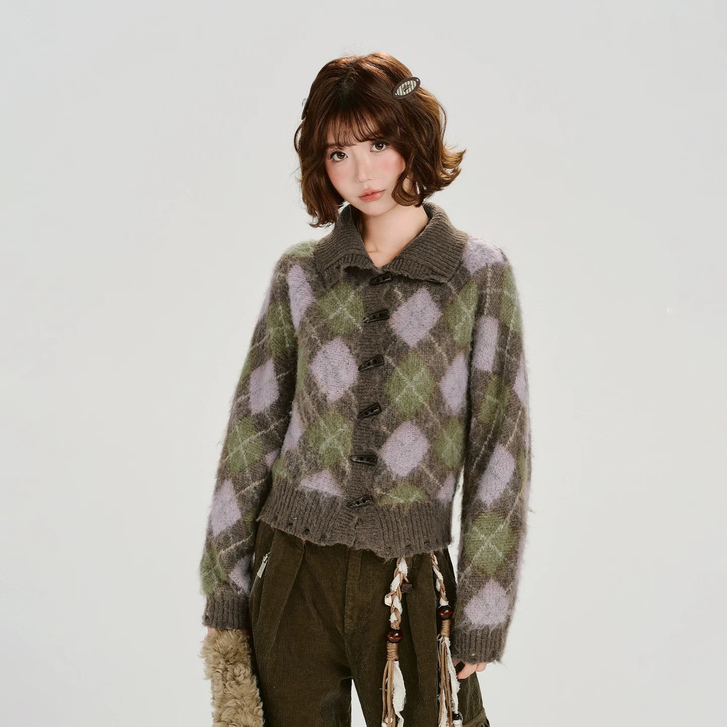 Girlyhalo |  VELVET PLAID CARDIGAN JACKET【ID:TN00011】