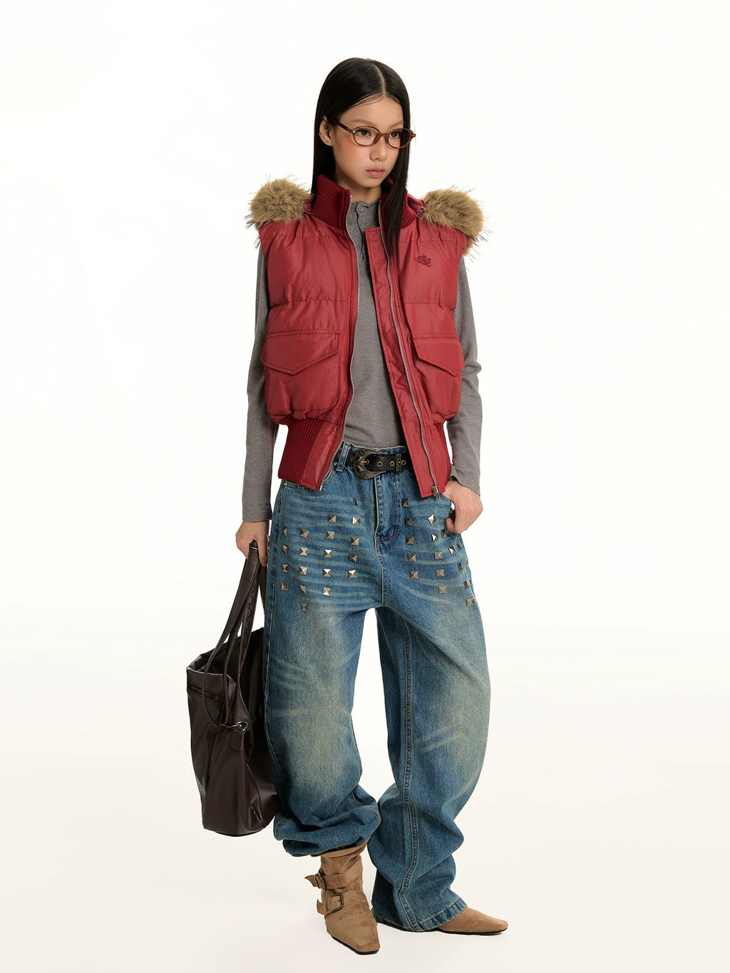 FUR COLLAR VINTAGE VEST JACKET