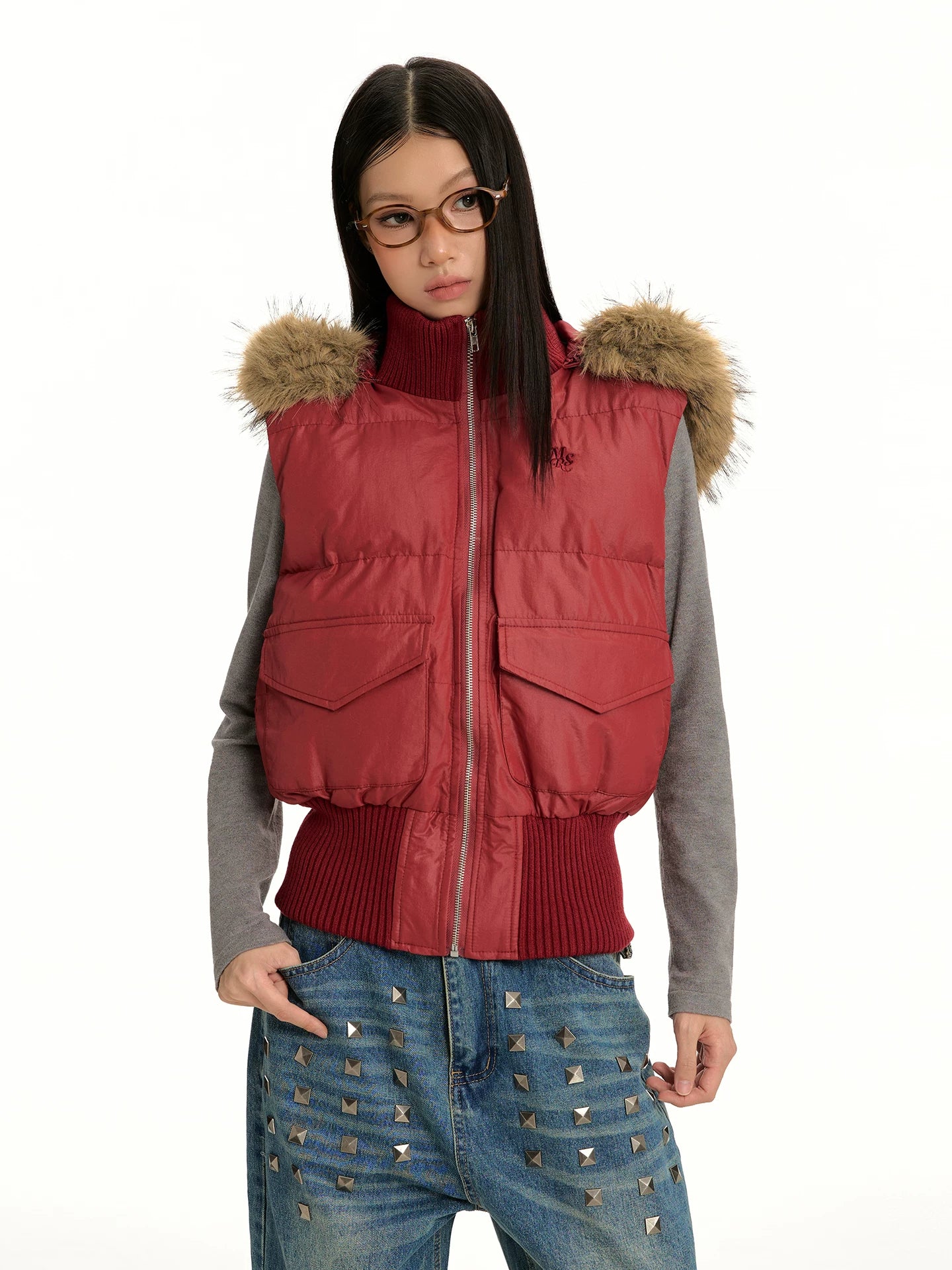 FUR COLLAR VINTAGE VEST JACKET
