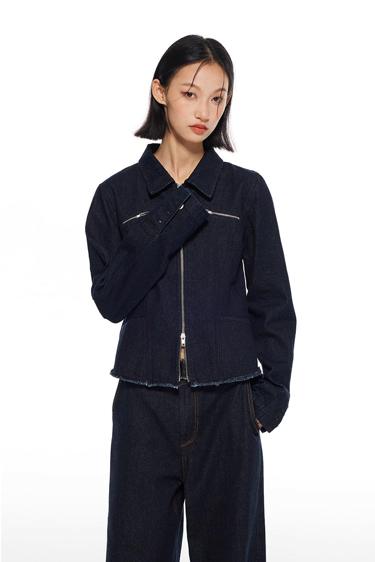 Double Zip Frayed-Edge Denim Jacket