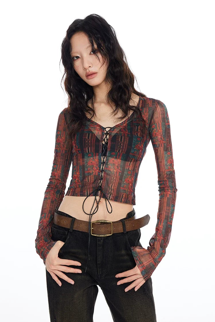 Tapestry Lace-Up Mesh Top