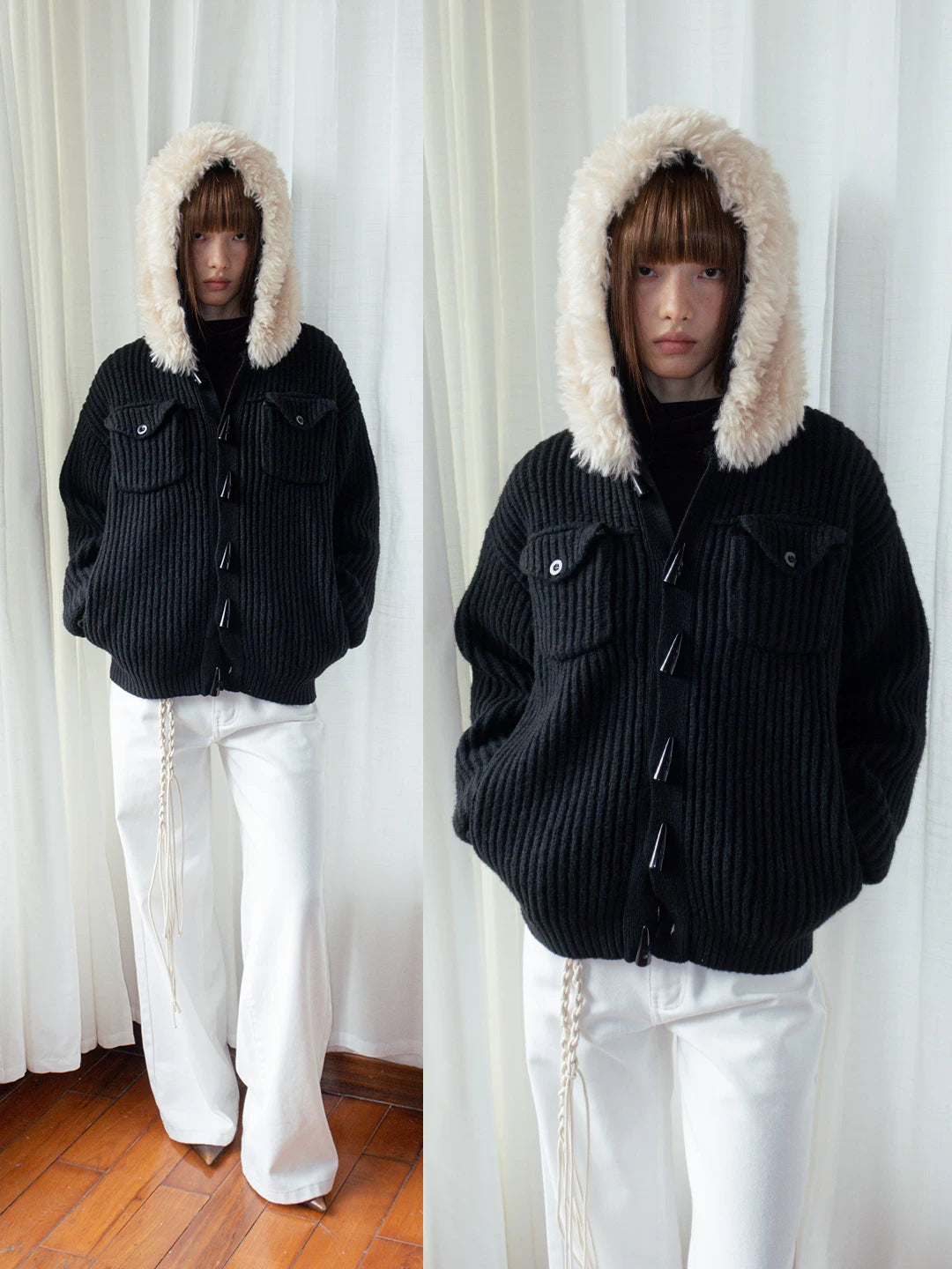 FUNKYFUN | FUNKY KNIT SWEATER COAT WITH FUR COLLAR【ID:TN00172】