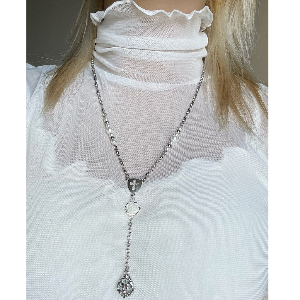 BAROQUE ROSE CROSS BEADED NECKLACE