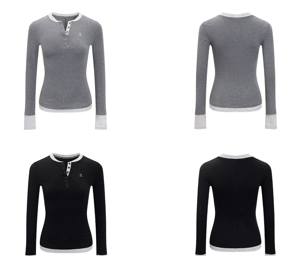 Contrast Trim Henley Long-Sleeve Top