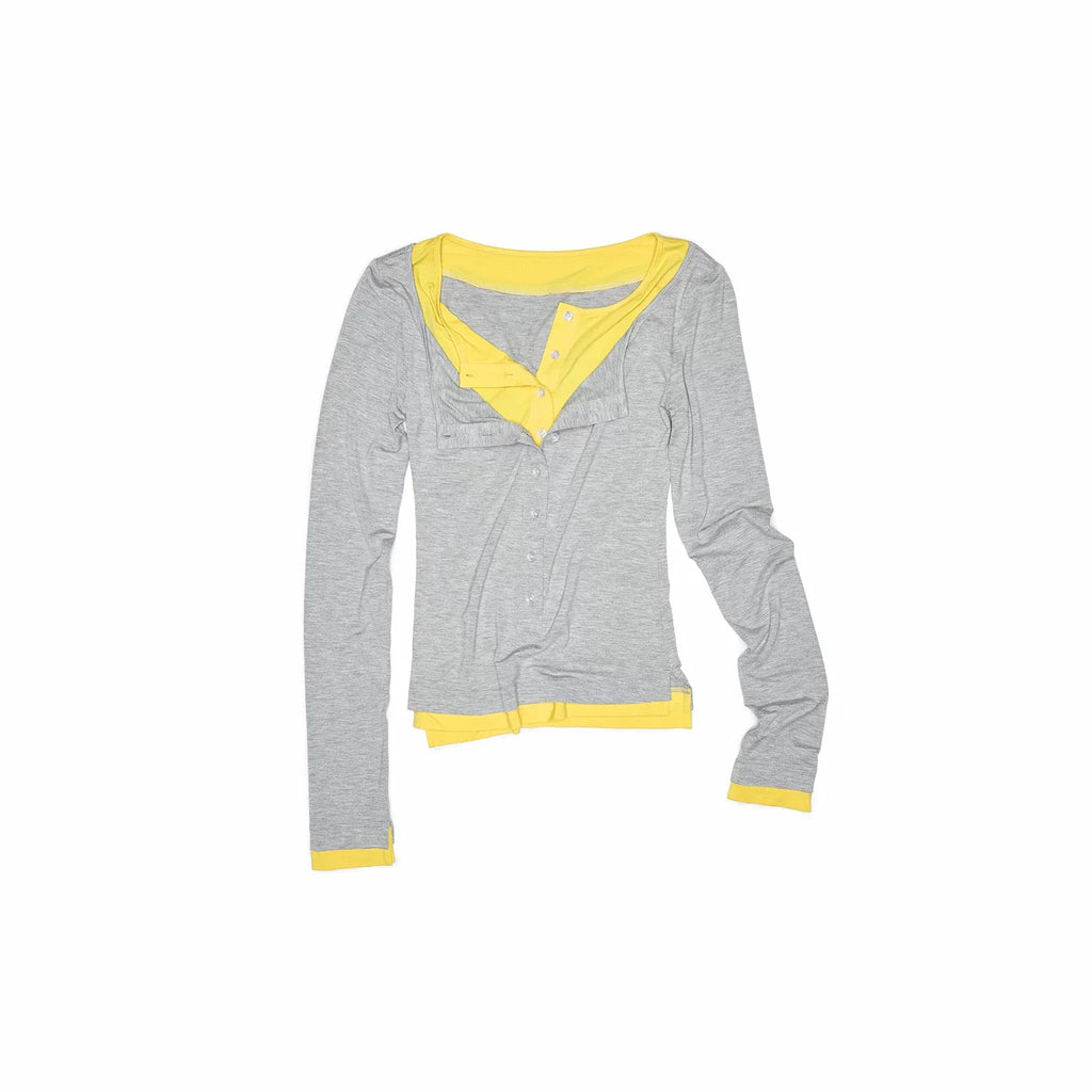 Colorblock Henley Collar Faux Layered Slim Stretch Women's Long Sleeve T-shirts