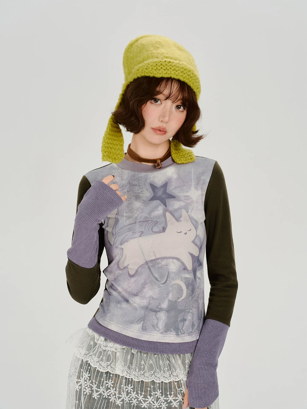 Girlyhalo |  RETRO CARTOON SPLICED LONG SLEEVE T-SHIRT【ID:TN00014】