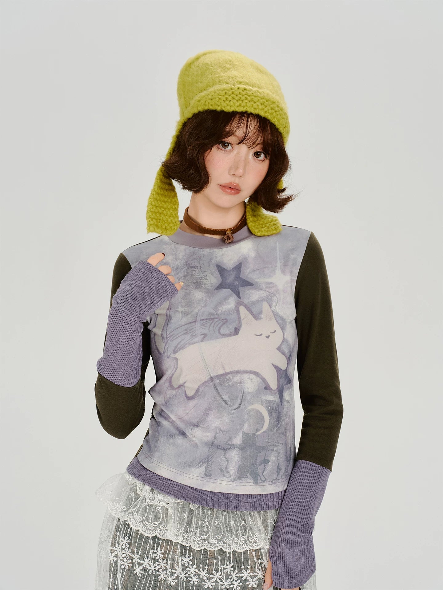 Girlyhalo |  RETRO CARTOON SPLICED LONG SLEEVE T-SHIRT【ID:TN00014】