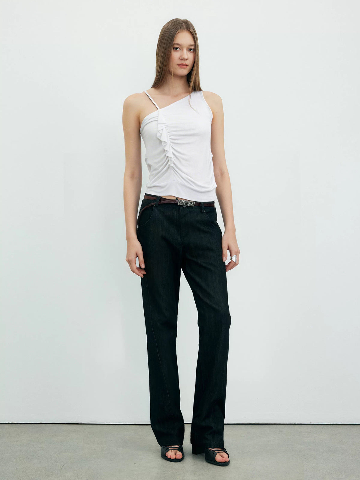 Ruched Asymmetric Ruffle Top