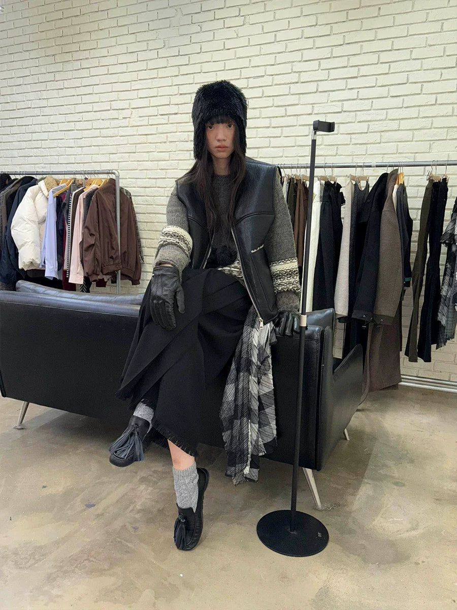 Plaid Tassel Long-line Skirt