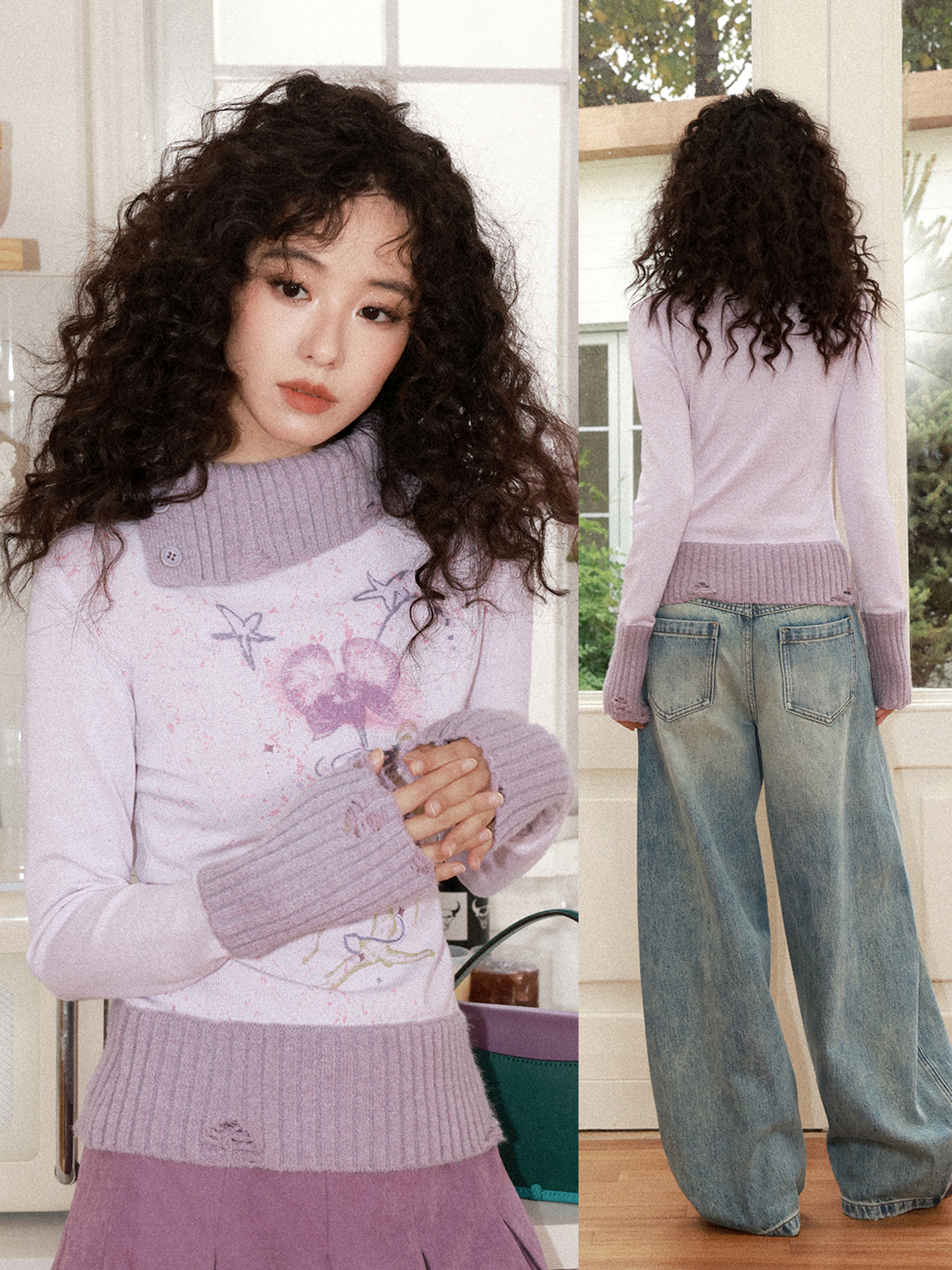 化学少女 | FLORAL PRINT SLIM SWEATER【ID:TN00156】