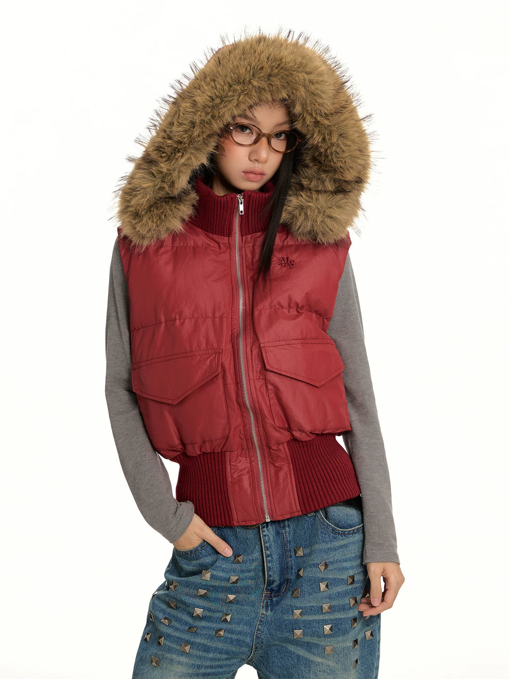 FUR COLLAR VINTAGE VEST JACKET