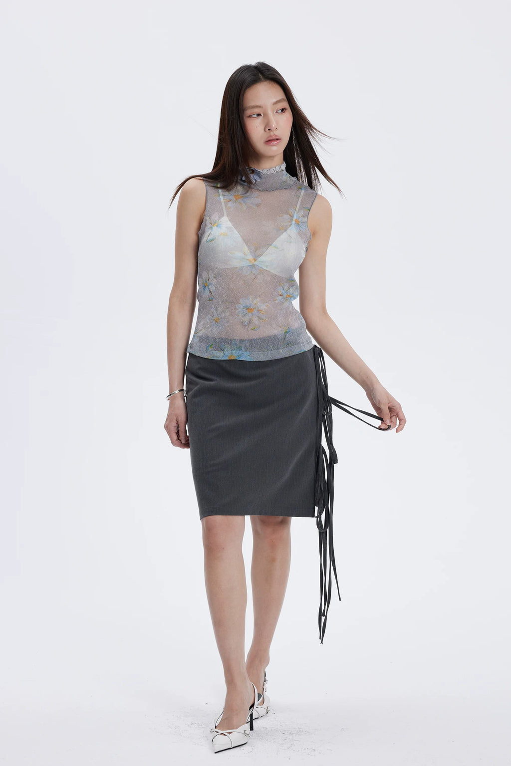 Floral Shimmer Mesh Mock Neck Tank